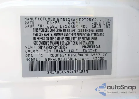 2025 Nissan Sentra Sv from USA, damaged, VIN 3N1AB8CV9SY336259